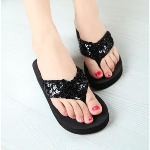 New Ladies Womens Girls Sequin Flatform Wedge Flip Flops Shoes Beach Sandals Comfortable black