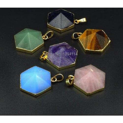 Mixed Stones Green Aventurine / Pink Quartz / Tiger Eye Hexagon Point Pendants Of Gold Cladding Approx 25*25 mm