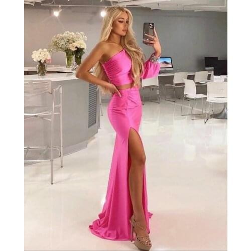 Sexy One Shoulder Long Rose Red Evening Dresses Mermaid Zipper Back Side Slit Satin Abendkleider Robes De Soirée for Women