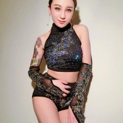 Black Jazz Dance Costumes Women Pole Dance Performance Clothing Dj Disco Rhinestone Rave Outfit Gogo Dancers Stage Wear DC3491