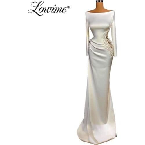 Dubai Formal Dresses Elegant Satin Evening Gown 2020 Long Sleeves Middle East Red Carpet Party Dresses Pearls Beaded Arabic Prom