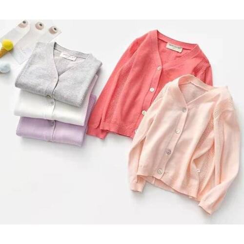 Spring girls solid color knitted cardigan thin home air-conditioned clothing cotton breathable long-sleeved childrens top
