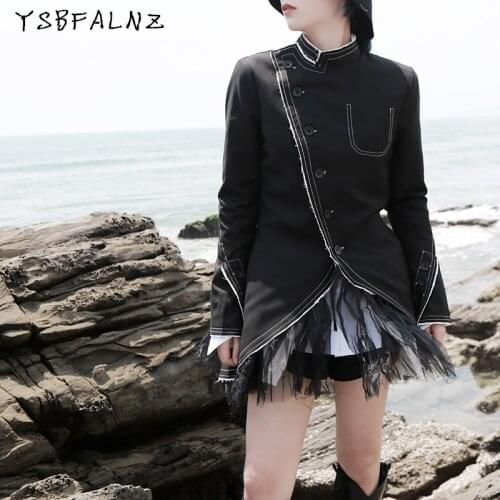 YSBFALNZ Women New Loose Black Mesh Split Asymmetrical Splicing Jacket Stand Collar Long Sleeve Woman Coat Fashion Autumn 2021