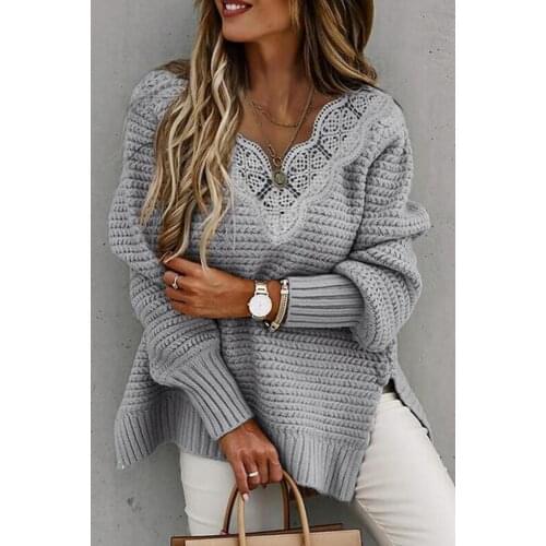 Winter Lace V-neck Sweater Women Loose Split Long Sweater Oversized Pullover Houndstooth Vintage Fall Sweaters Female