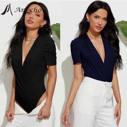 Summer Deep V Neck Skinny Bodysuit Women Jumpsuit Sexy Sheath Fitness Rompers Short Sleeve Fashion Solid Base Shirt Overall Tops