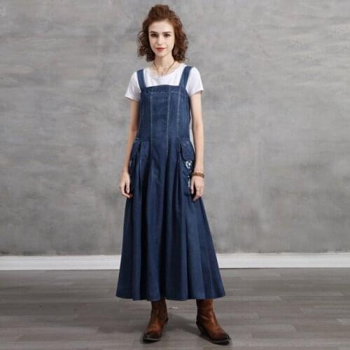 Summer Women Sleeveless Spaghetti Strap Denim Long Dress Vintage Pockets Embroidery Jeans Dresses Lady Casual Loose Wiggle Dress