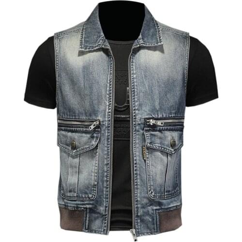 Autumn new retro big pocket zipper denim vest men trendy waistcoat Turn-down collar Cotton Soft Sleeveless Jacket Streetwear