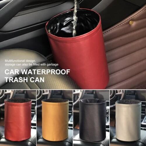 Car Trash Can Foldable Leather Leak Proof Waterproof Car Dust Bin Bucket Hanger Garbage Container Pocket Auto Clean Accessories