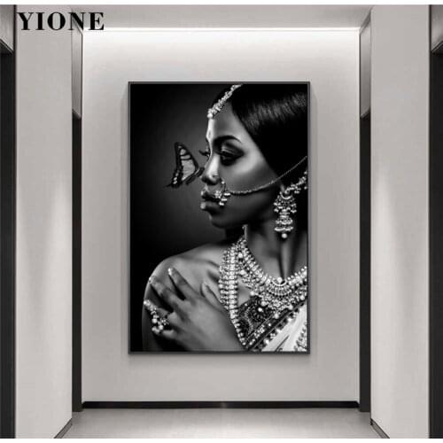 Black and White Art African Woman Canvas Picture Print Modern Fashion Figure Wall Painting Poster for Living Room Bedroom Decor