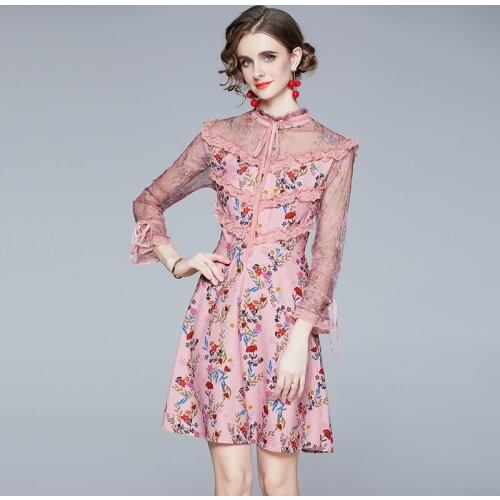 Elegant Floral Print Long Sleeve Chiffon Lace Patchwork Ruffles Autumn Dress Women Bow O Neck A Line Vintage Party Dress