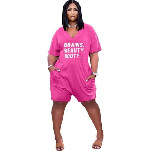Pink Jumpsuit Summer 2021 Women Fashion V Collar Short Sleeve Stretchy Jumpsuits Letter Print Pockets Ladies Romper Plus Size