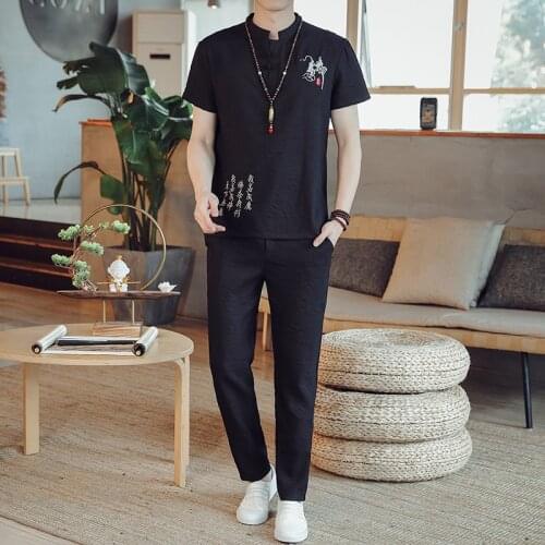 Summer Short Set Chinese Traditional Clothing Embroidery Men Linen Hanfu Tai Chi Uniform Shirt Pants Kung Fu Dragon Print Set