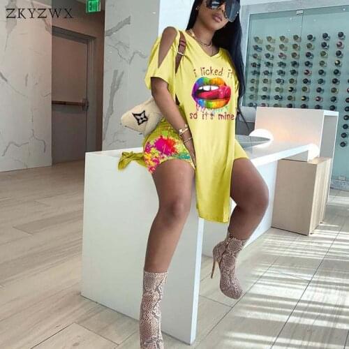 ZKYZWX Sexy Lips Two Piece Set Vacation Outfits Split Long T Shirt and Shorts Loungewear Matching Sets for Women Summer Clothes