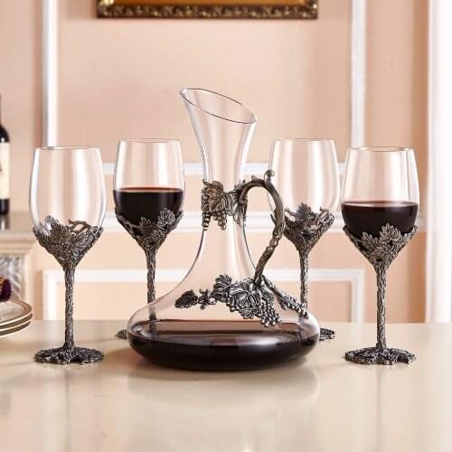 Creative Enamel Red Wine Glass Goblet Crystal Glass Cup Bar Set 4x 12oz/350ml Wine Glasses 1x 52oz/1500ml Decanter
