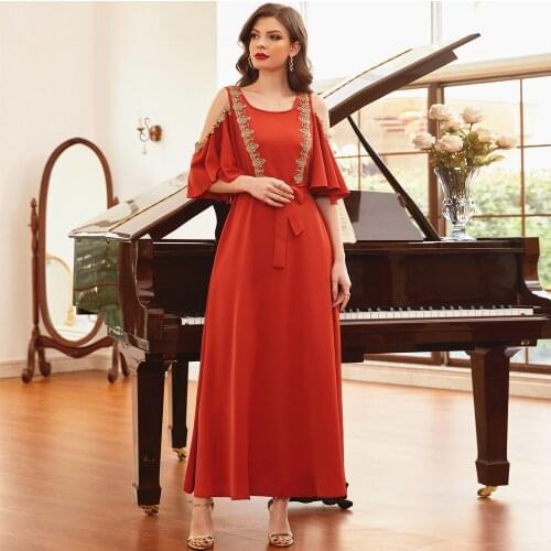 Moroccan Satin Mulsim Women Abaya Party Dress Ruffle Cold Shoulder Lace Caftan Arabic Kaftan Caftan Dubai Jalabiya Middle East