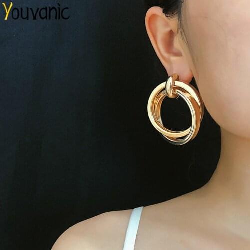 Youvanic Fashion Women Punk Gold Color Double Round Geometric Drop Earrings Female Circle Ring Earring Brincos Ear Jewelry 1541