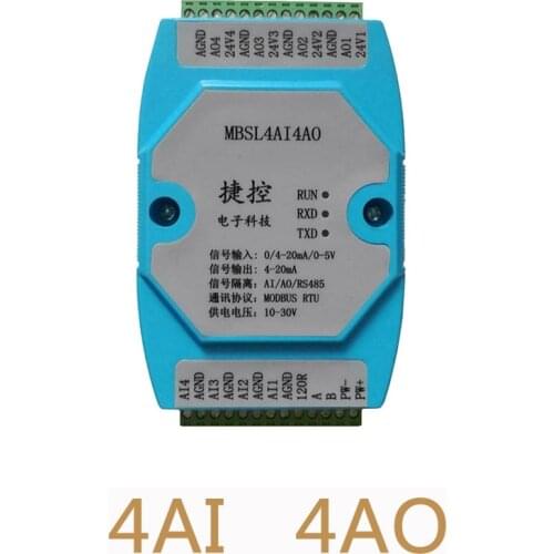 4AI/4AO 0-20MA/4-20MA/0-5V 4 Road Analog Input Output Aata Acquisition Module RS485 MODBUS 12 bit Industrial grade AD/DA chip