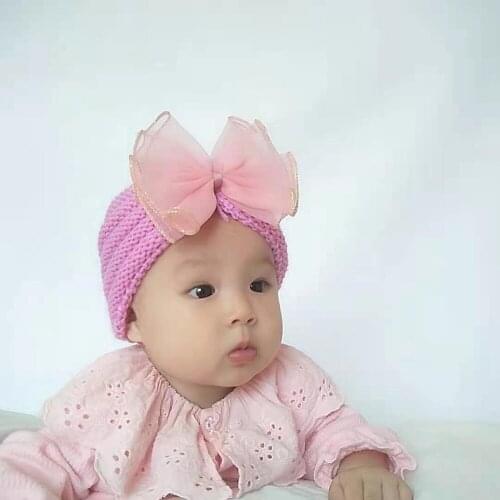 Lovely Handmade Net Yarn Bowknot Baby Girls Caps Fashion Warm Knitting Wool Striped Hats Newborn Headwear Kids Photography Props