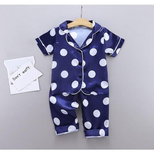 Autumn Baby Pajamas Kids Girls Boys Clothes Wave Point Print Sleepwear Set Short Sleeve Blouse Tops+Night Pants 2PCS 5