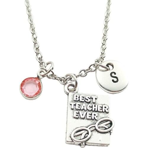 Best Teacher Ever Necklace Birthstone Creative Initial Letter Monogram Fashion Jewelry Women Christmas Gifts Accessories Pendant