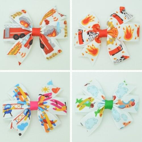 SUPWRF 3.1'' Fire truck aircraft cute Girls Hair Bow With Clip Boutique Printed Ribbon headwear diy wholesale 20 PCS T0929