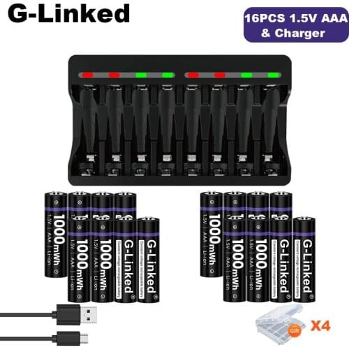 G-Linked 1.5V AA AAA LED Indicator Battery Charger + 16PCS 1.5V AAA 1000mWh Li-ion Rechargeable Batteries AAA Lithium Battery