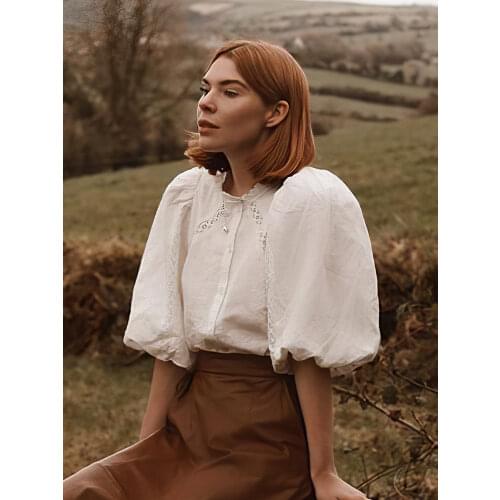 Lace Patchwork Embroidered Shirts Women 2021 Puff Sleeve Round Neck Chic Cotton Elegant Blouse Vintage White Loose Tunic Tops