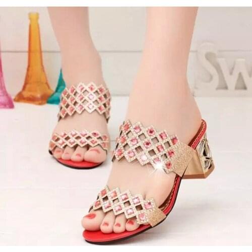 Large Size Womens Sandals and Slippers with Rhinestones Medium Thick Heel Summer Female Sandals Fish Mouth Word