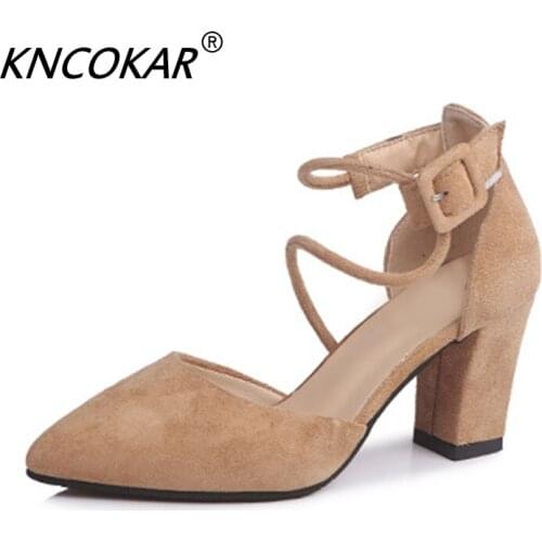 High-heeled women new shallow mouth thick heel one word with pointed strap middle heel ladies single shoes Wear-resistant rubb