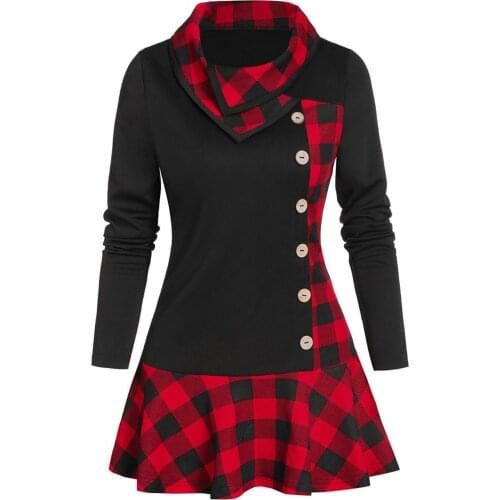 Plus Size Button Women Top Cowl Neck Long Sleeve Pachwork Pliad Print Tops Fashion Long Sleeve Woman Blouses Блузка Женская