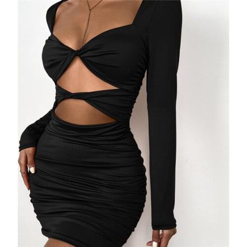 Women Bodycon Bandage Summer Dress Casual Long Sleeve Deep V neck Solid Color Hollow Drawstring Slim Party Club Dress Vestidos