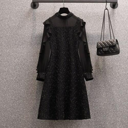 Lady Dress 2021 Spring Autumn Plus Size Dress Women New Style Black Sexy Temperament Elegant Lace Stitching Dress For Party