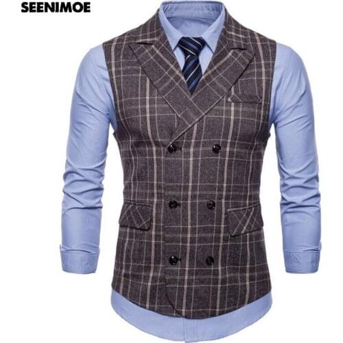 Seenimoe Waistcoat Men Stripe Formal Blazer vests Casual Double Breasted V-neck Fashion Vest M-4XL Male England Style Vests