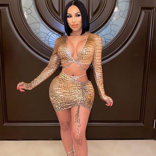 Snakeskin Print Sexy 2 Piece Outfits for Women Club Party Christmas Matching Set V-neck Lace Up Crop Top Bodycon Mini Skirts Set