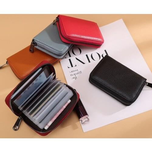 1PC RFID Organ Card Holder Multi Slot Cowhide Small Coin Purse Portable Ladies Money Bag Solid Color Zipper Mens Womens Wallet