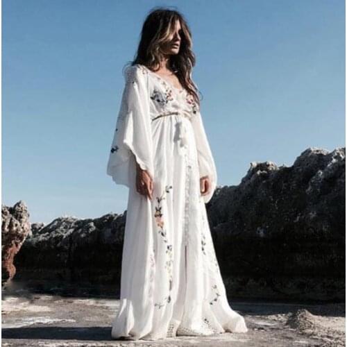 2020 Summer Women Oversized Ethnic Floral Embroidery Hippie Boho People Cloak sleeves Maxi Robe Long dress Vestido Feminine