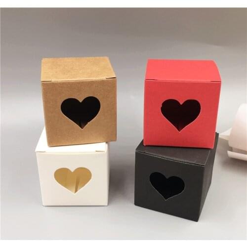 25pcs Kraft Cardbpard Small Cube Boxes With Heart Shape Window Gift Packing Paper Boxes For Cupcake/Nail/Candy 5x5x5cm