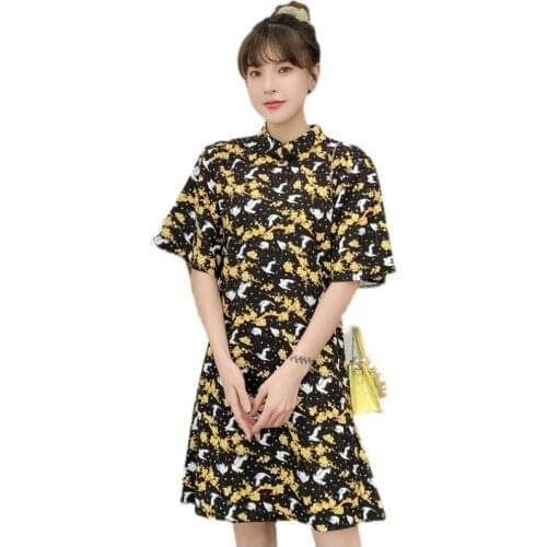 4XL Plus Size Summer Fashion Crane Casual Party Modern Cheongsam Dress for Women Short Sleeve Qipao Traditional Chinese Clothes