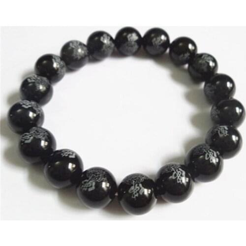 BB-120 Buddhist Lotus FO Amulet Bracelets Black Carnelian Round Beads Bracelet 10mm