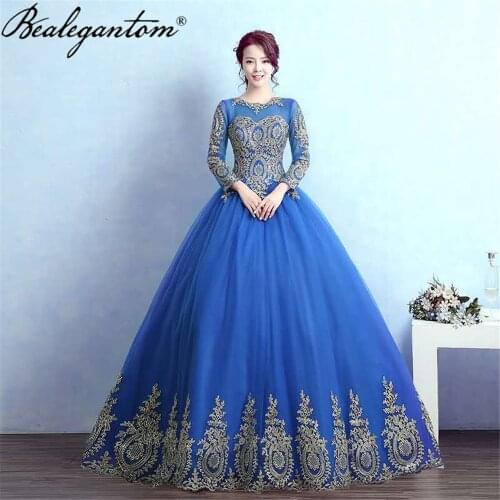 Bealegantom Long Sleeves Blue Quinceanera Dresses Ball Gown Tulle Appliques Sweet 16 Prom Party Gown Vestido 15 Anos QD116