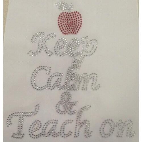 Free shipping Keep Calm n Teach On Apple School Rhinestone Transfer Iron on SS6 rhinestones
