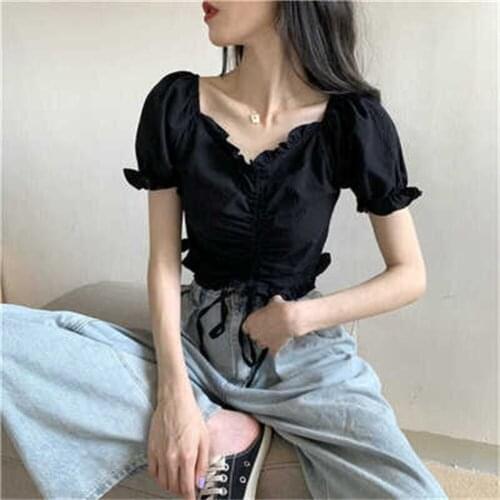 Blouses Shirts Women V-neck Summer Puff Sleeve Korean Style Crop Top Pleated Lace-up Sweet Slender All-match Womens New H267