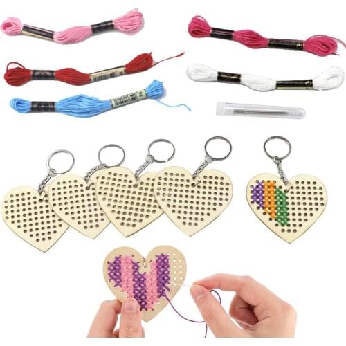 5Pcs Wooden Love Heart Cross Stitch Embroidery DIY Key Ring Keychain Craft Kit