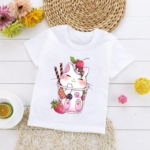 Kids Tops Cute Cartoon Milk Tea Cat Graphic Printed Children T-shirt Boys Girls Unisex Summer New Fashion Short Sleeve Tshirts