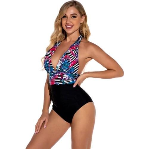 Designer Brazilian One Piece Swimsuit Lace-Up Halter Deep V-Neck Bathing Suit Women Swimwear Striped Beachwear 2021 New