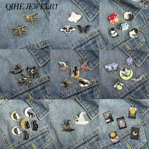 Magic Pins Collection Moon Phases Enamel Pin Witchcraft Lapel Pin Black Wizard Butterfly Frog Cat Badges Dark Witch Aesthetic