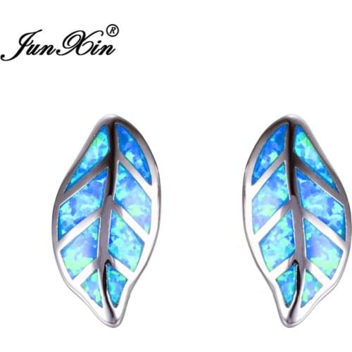 JUNXIN Tree Leaf Design Blue Opal Earring Fashion Women Dangle Earring Silver Color Long Earrings For Women