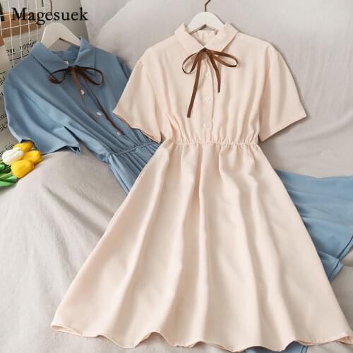 Summer Elegant Dress Women Bow Solid High Waist Chiffon Dresses Turn-down Collar Preppy Style Kawaii Party Dress Holiday 14385