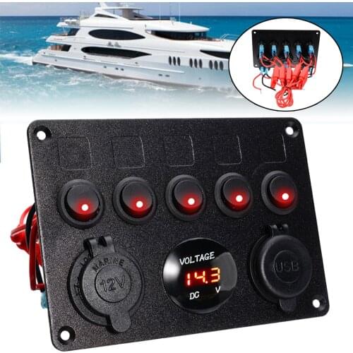 Mayitr 1pc 12-24V 5 Gang ON-OFF Toggle Switch Panel Dual USB Socket Charger Red LED Voltmeter For Car Boat Marine RV Truck