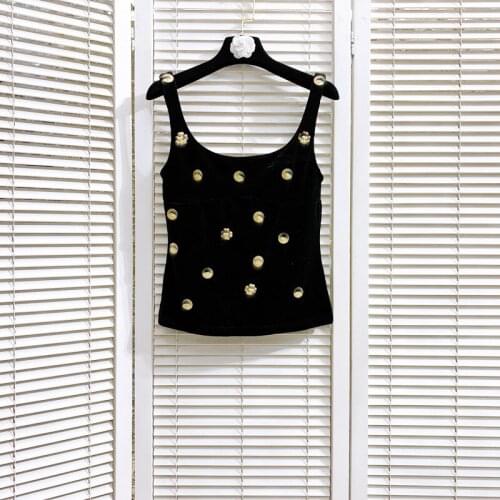 High Fashion Designer Fashion Metal Badge Velvet Vest Is Thin Black Top Women Sexy Elegant Fall Winter Inside Clothes 2021 New